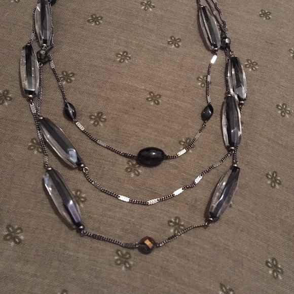 Vintage Black And Clear Beaded Silver Tone Layered Sweater Necklace - Picture 2 of 8